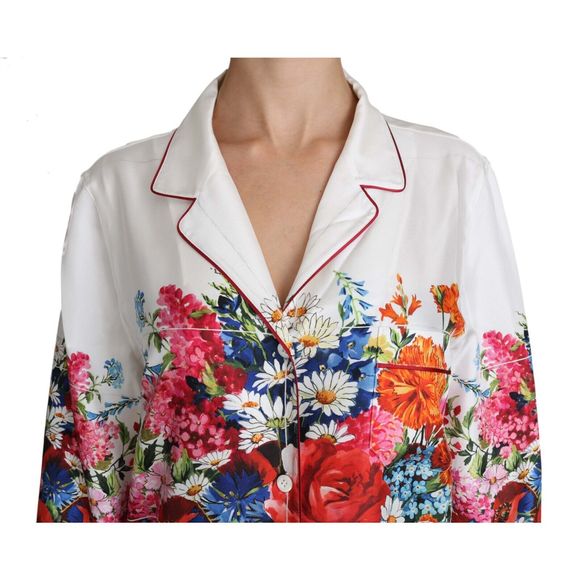 Dolce & Gabbana White Flower Vase Print Silk Lounge Blouse Top - Picture 6 of 6